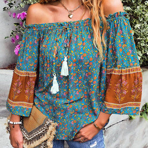 Off Shoulder Long Sleeve Drawstring Color Blocked Floral Top:  GREEN