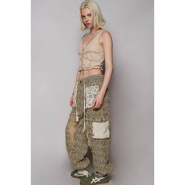 Vintage Wash Crochet Patches Distress Jogger Pants: Cheetah