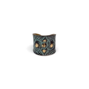 Brass Patina Ring - Aqua and Brown Arabic Flower