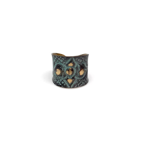 Brass Patina Ring - Aqua and Brown Arabic Flower
