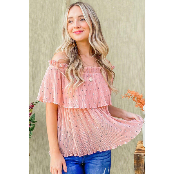 Polka Dot Print Pleated Off Shoulder Top - Delightful Piece: Peach
