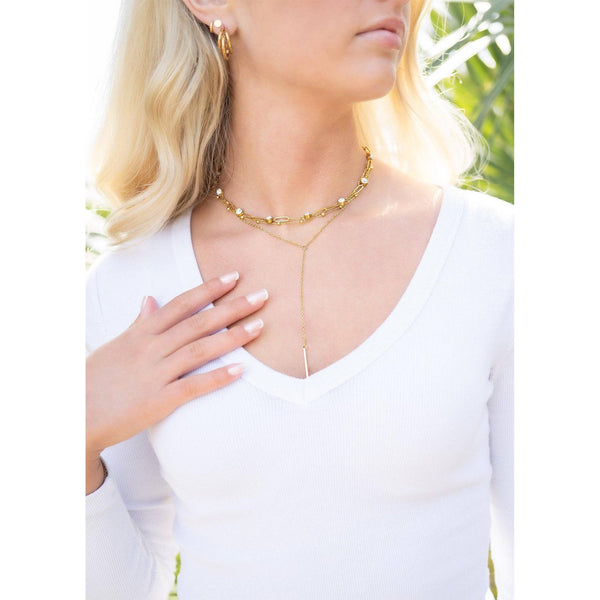 18K Gold PVD Steel Station Stone Paperclip Chain Necklace