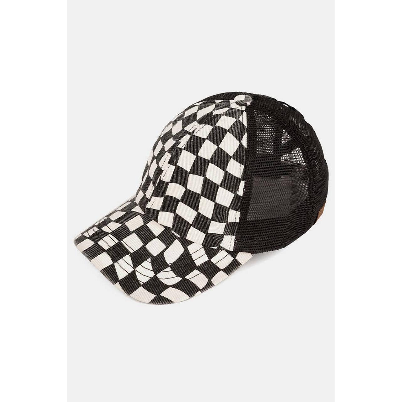 C.C Checkered Pattern Criss Cross Back Cap: Black