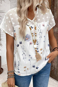 Floral Printed Lace Swiss Dot Splicing Summer Blouse, White