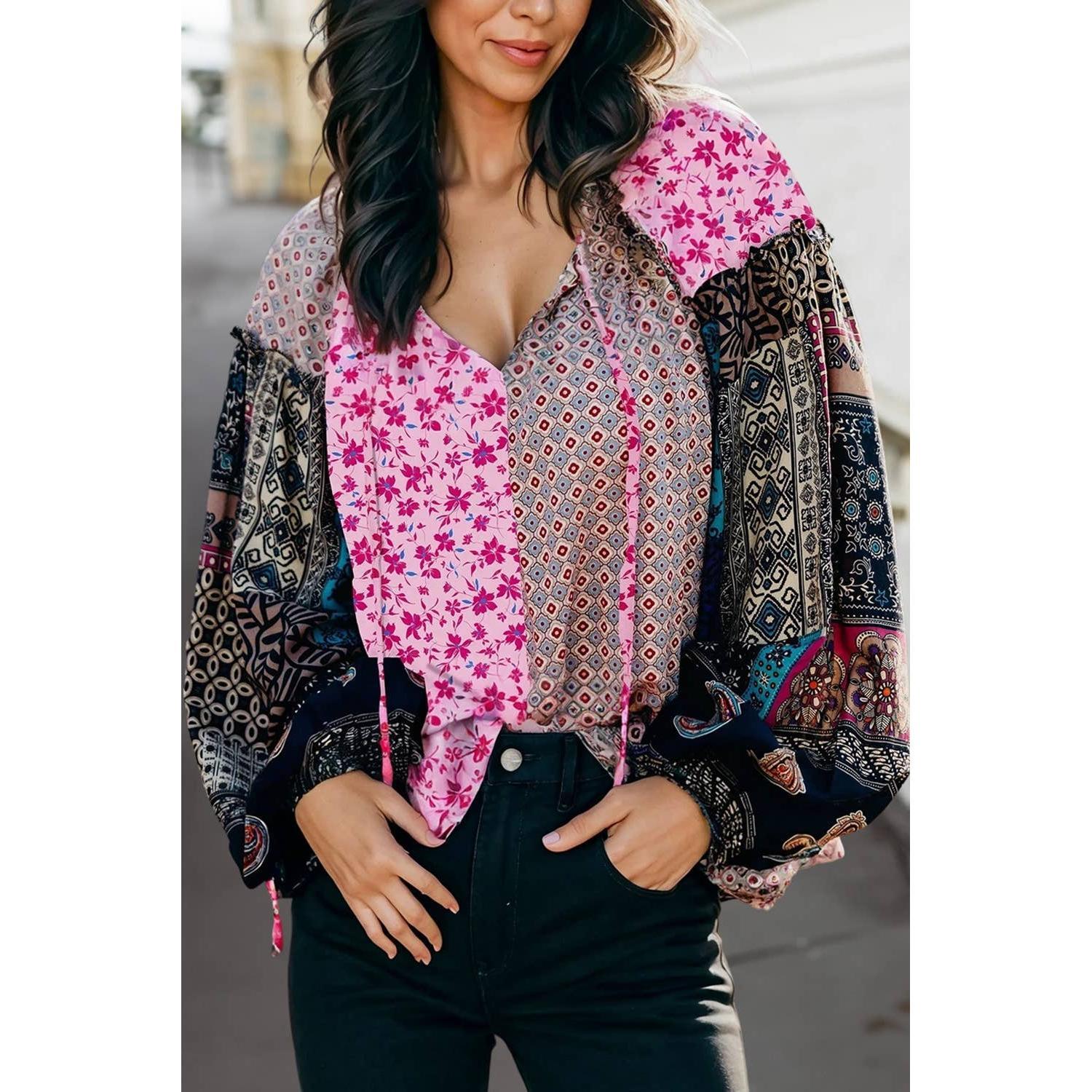 Boho Mixed Floral Patch Bubble Sleeve Blouse