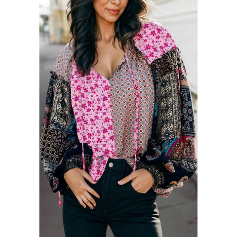 Boho Mixed Floral Patch Bubble Sleeve Blouse