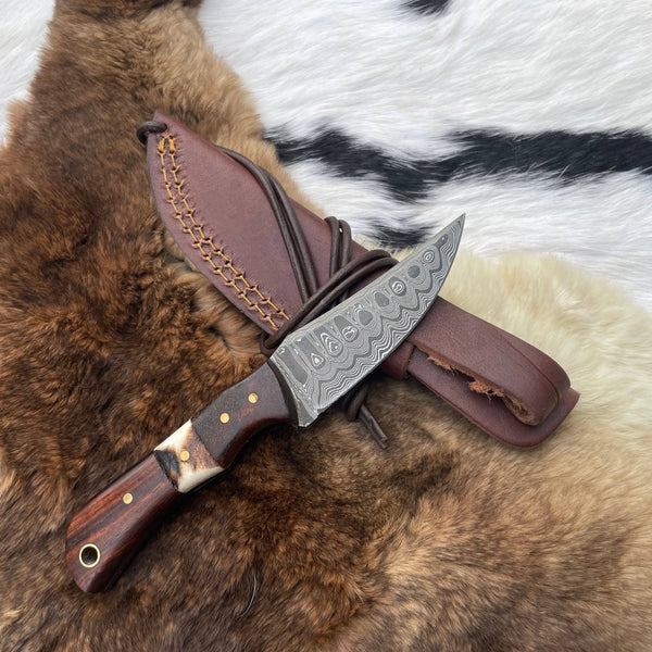 Damascus Steel Skinner Knife with Rosewood & Stag Grip