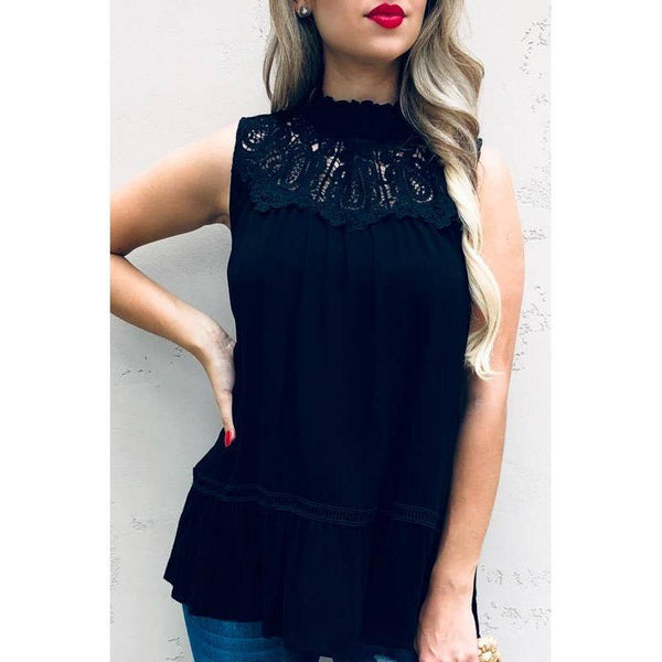Lace Trim Sleeveless Tunic Top: Black
