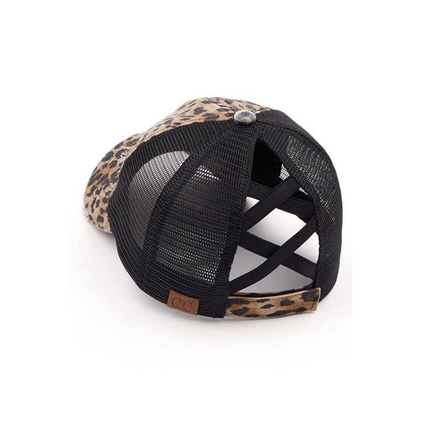 C.C Washed Denim with Crossed Elastic Band Mesh Pony Cap
