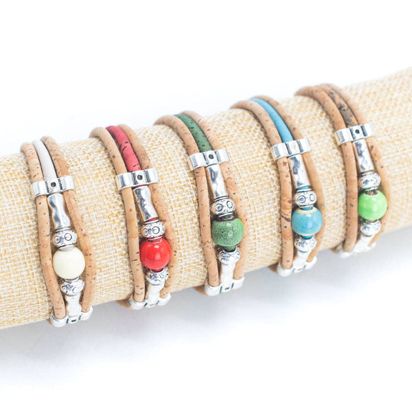 Natural tri-cork with ceramic beads bracelet, Cork from Portugal