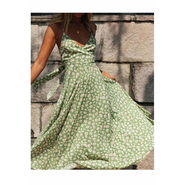Floral Print V-Neck Sleeveless Sling Boho Dress, Green