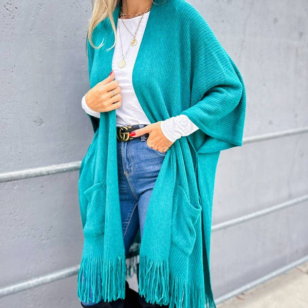 Teal Soft Knitted Pocket Kimono Cardigan With Fringe: Teal / One Size