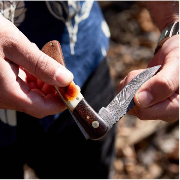 Walnut & Torched Bone Damascus Pocket Knife