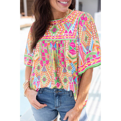 Geometric Bell Sleeve Babydoll Blouse