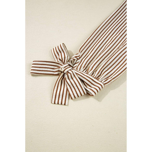 Striped Frill V Neck Knot Bracelet Sleeve Blouse