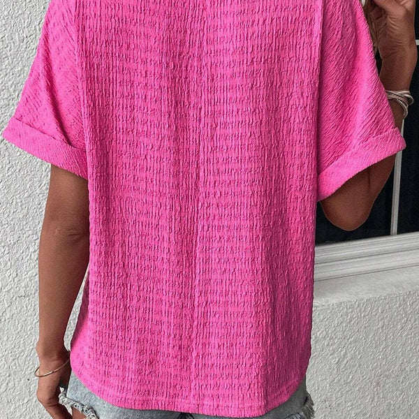 Crinkle Short Sleeve V-Neck T-Shirt Goddess Size: Bright Pink