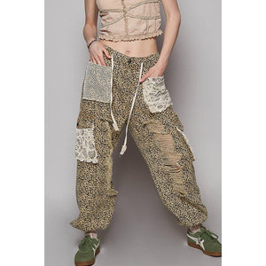 Vintage Wash Crochet Patches Distress Jogger Pants: Cheetah