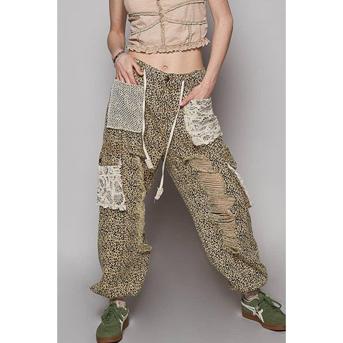 Vintage Wash Crochet Patches Distress Jogger Pants: Cheetah
