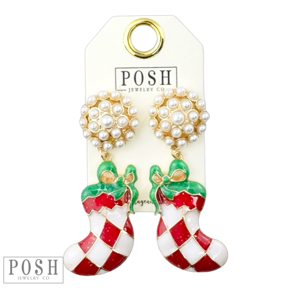 Harlequin stocking on pearl stud post earring: Red