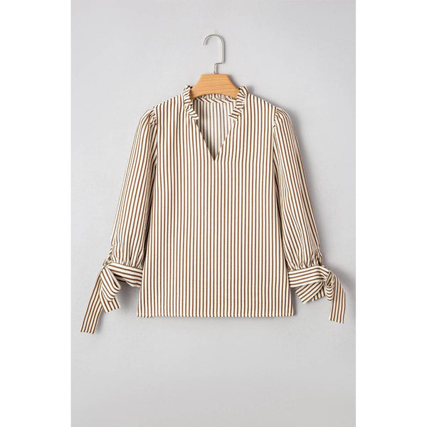 Striped Frill V Neck Knot Bracelet Sleeve Blouse