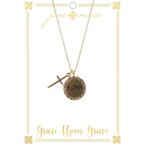 16" Faith Circle Disc with Gold Cross on Gold Chain Necklace