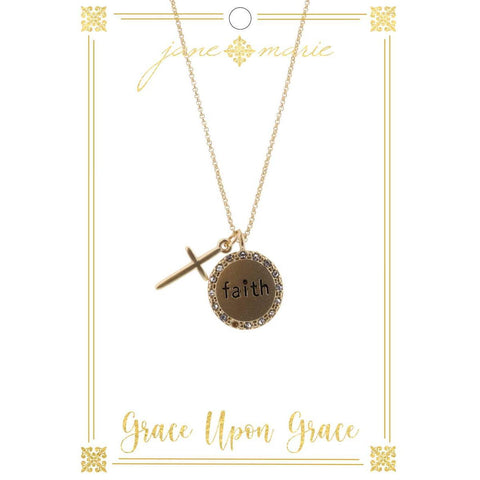 16" Faith Circle Disc with Gold Cross on Gold Chain Necklace