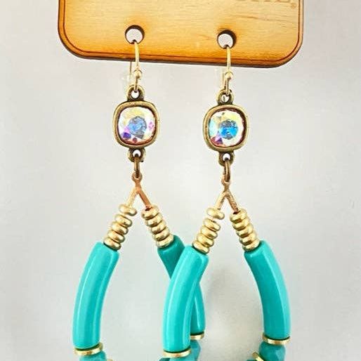 Turquoise bamboo teardrop, Austrian crystal earring, Blue