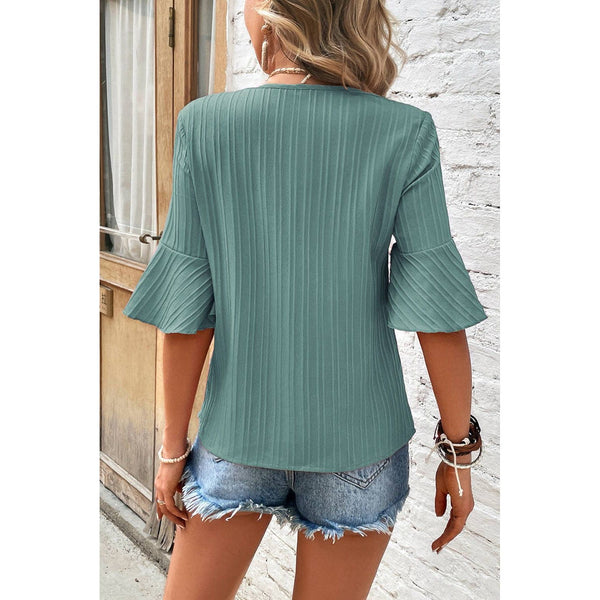 Ruffle Short Sleeve V-Neck Top, Grass Green