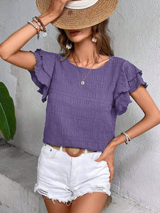 Solid Color Textured Ruffle Sleeves Crew Neck Top, Purple
