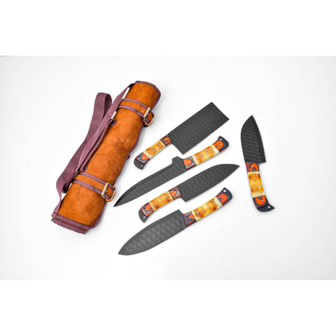 5-Piece  Knife Set / With Leather carry Bag Burnt Bone