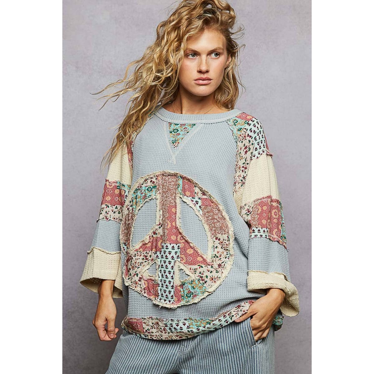 Round Neck Printed Peace Patch Overlock Stitch Knit Top