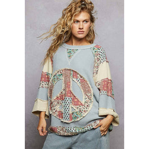 Round Neck Printed Peace Patch Overlock Stitch Knit Top