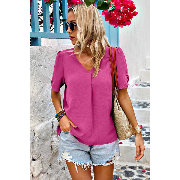 Solid V Neck Chiffon Basic Loose Fit Blouse: FUCHSIA