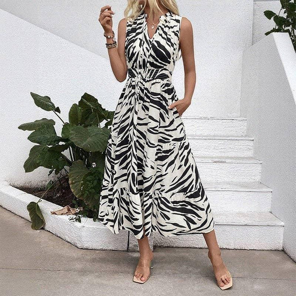 Zebra Print V-Neck Sleeveless Dress With Elastic Waist, Black & White