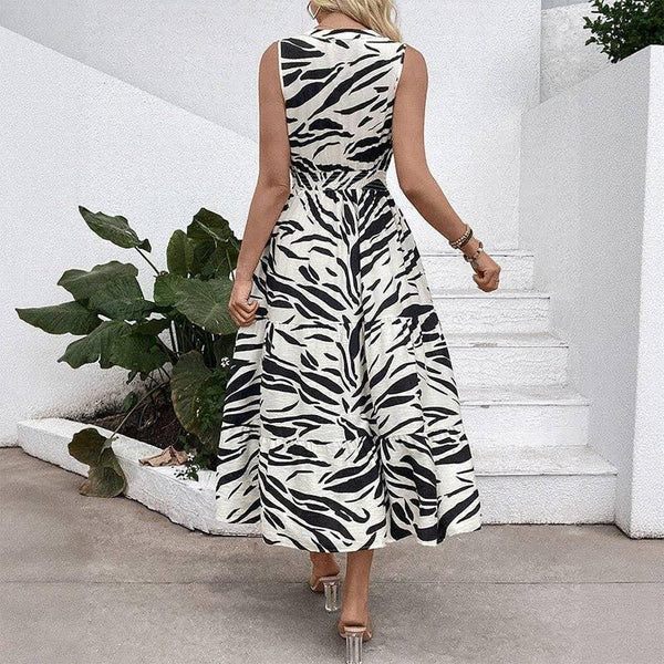 Zebra Print V-Neck Sleeveless Dress With Elastic Waist, Black & White