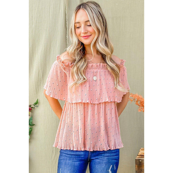 Polka Dot Print Pleated Off Shoulder Top - Delightful Piece: Peach