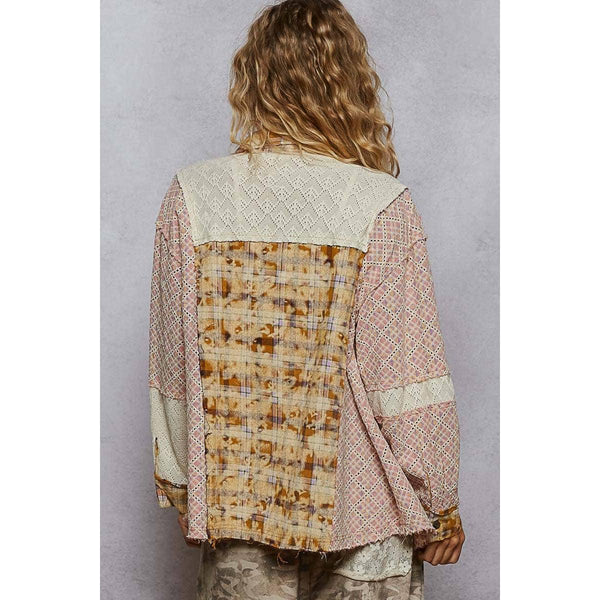 Oversized long sleeve lace contrast shirt in plaid