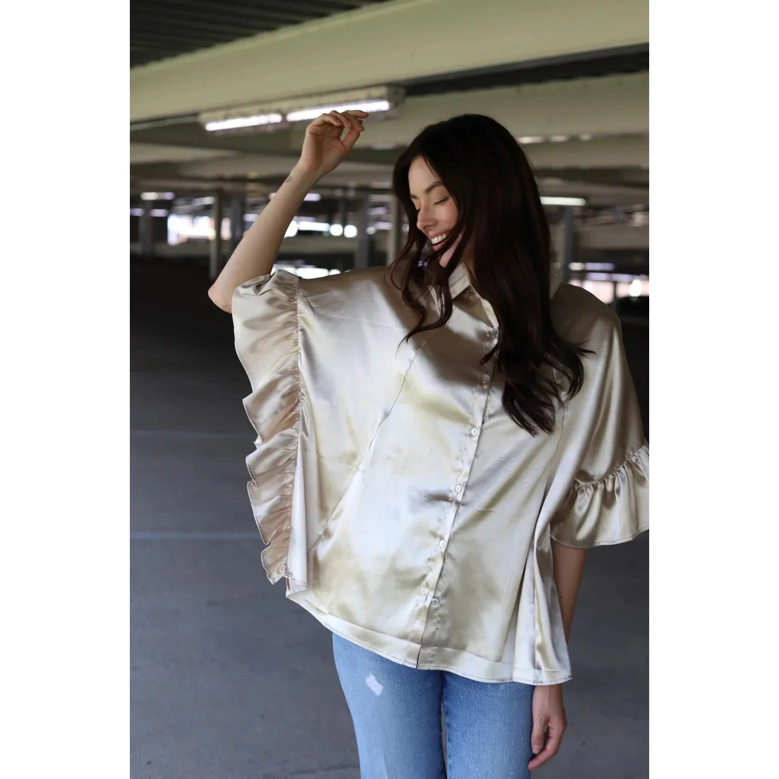 Ruffle Poncho Blouse-Champagne