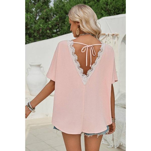 Knot Back Open Back Lace Trim Solid Loose Fit Top, Pink