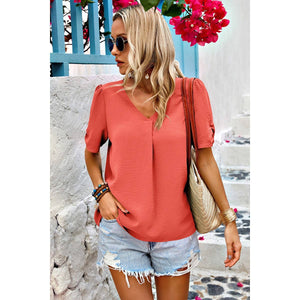 Solid V Neck Chiffon Basic Loose Fit Blouse: Rust