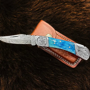 Pocket Knife Dyed Blue Bone 6.5'' Damascus Steel Knife Steel