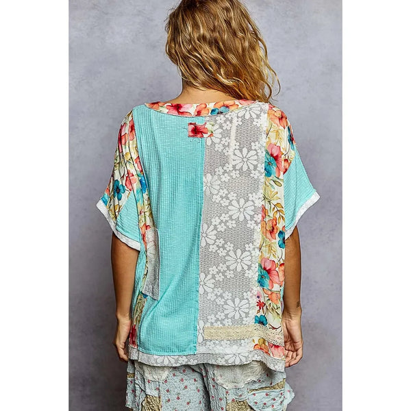 Round Neck Short Sleeve Floral Knit Rib Top
