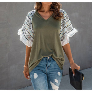 Ruffle Sleeve V Neck Tee Shirt, Green