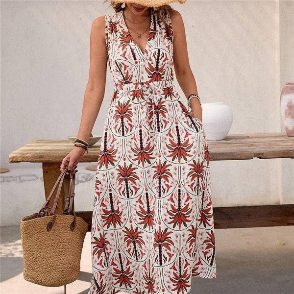 Sleeveless V-Neck High Waist A-Line Floral Print Dress, Fire Brick