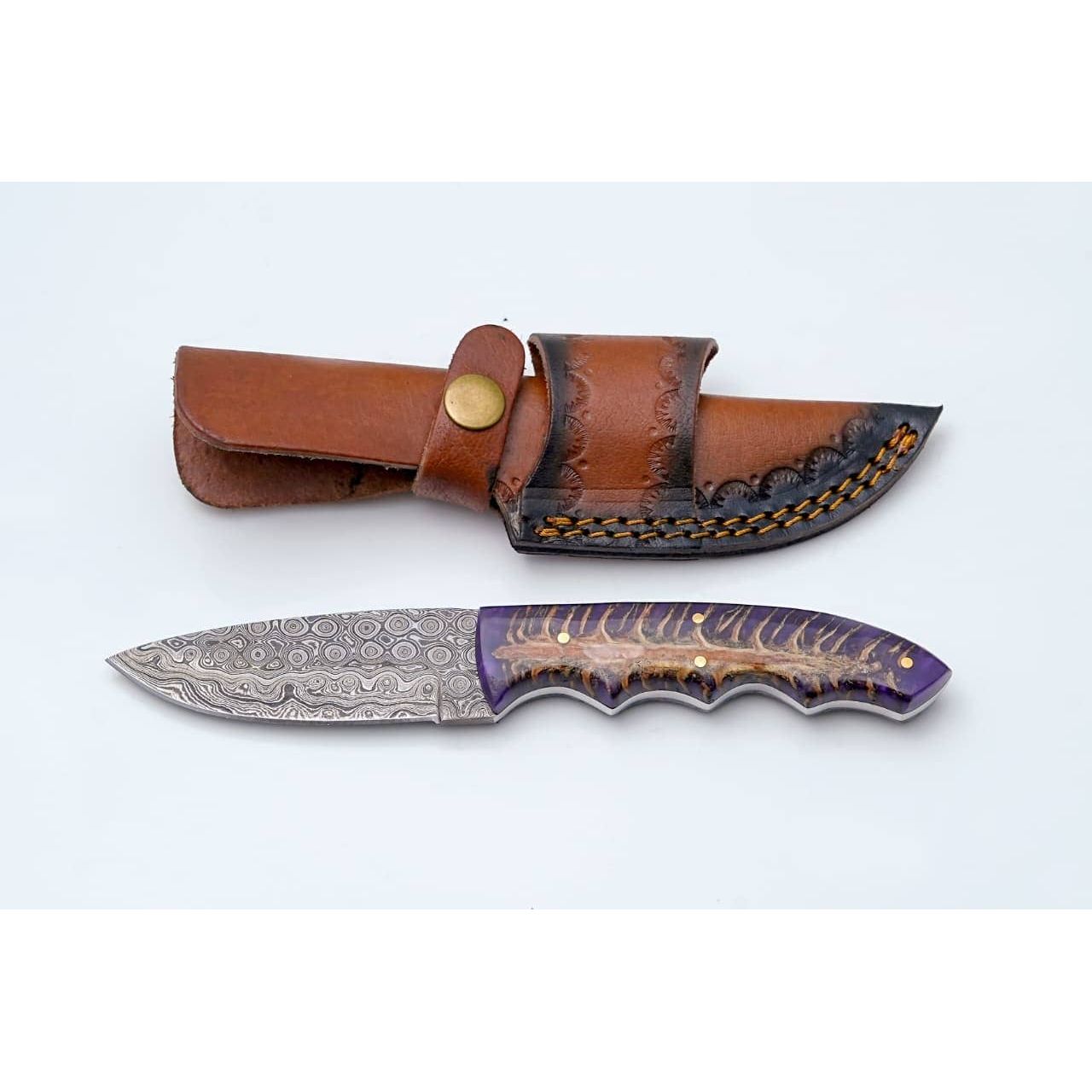Handmade Damascus Steel Knife with Purple Pine Cone Handle & Leather Sheath