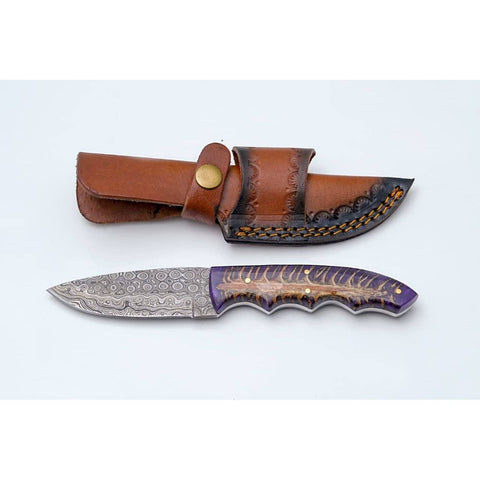 Handmade Damascus Steel Knife with Purple Pine Cone Handle & Leather Sheath
