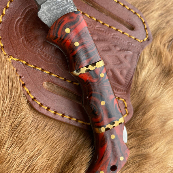 Pocket Knife Red Resin Wood 6.5'' Damascus Steel Knife Steel