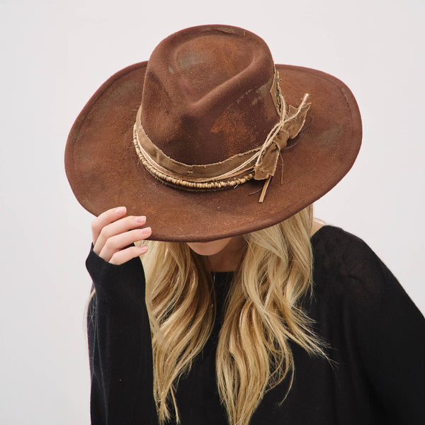 Distressed Fabric Band Rustic Cowgirl Fedora Hat