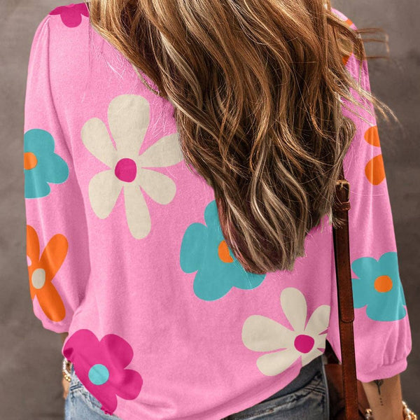 Retro Floral 3/4 Sleeve Top: Rose