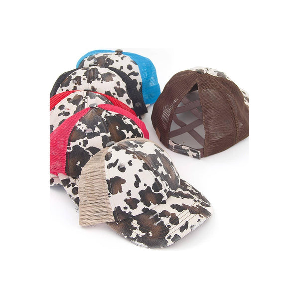 C.C Cow Print Mesh Criss Cross Ponytail Baseball Cap
